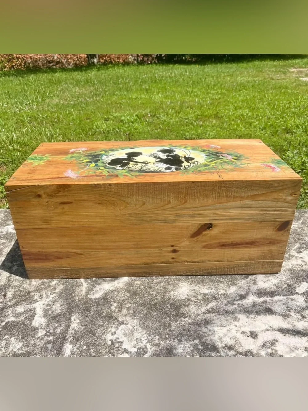 Vintage Handmade Wood Storage Box Folk Art Children Floral Hearts Cottage Whimsy
